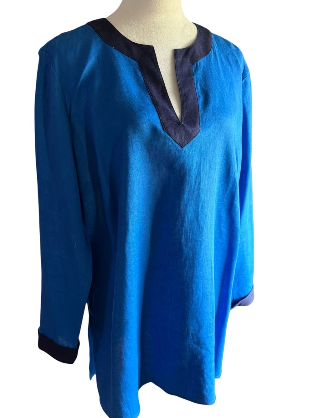 Lauren Ralph Lauren Blue Linen Long-Sleeve Split-Neck Tunic Top